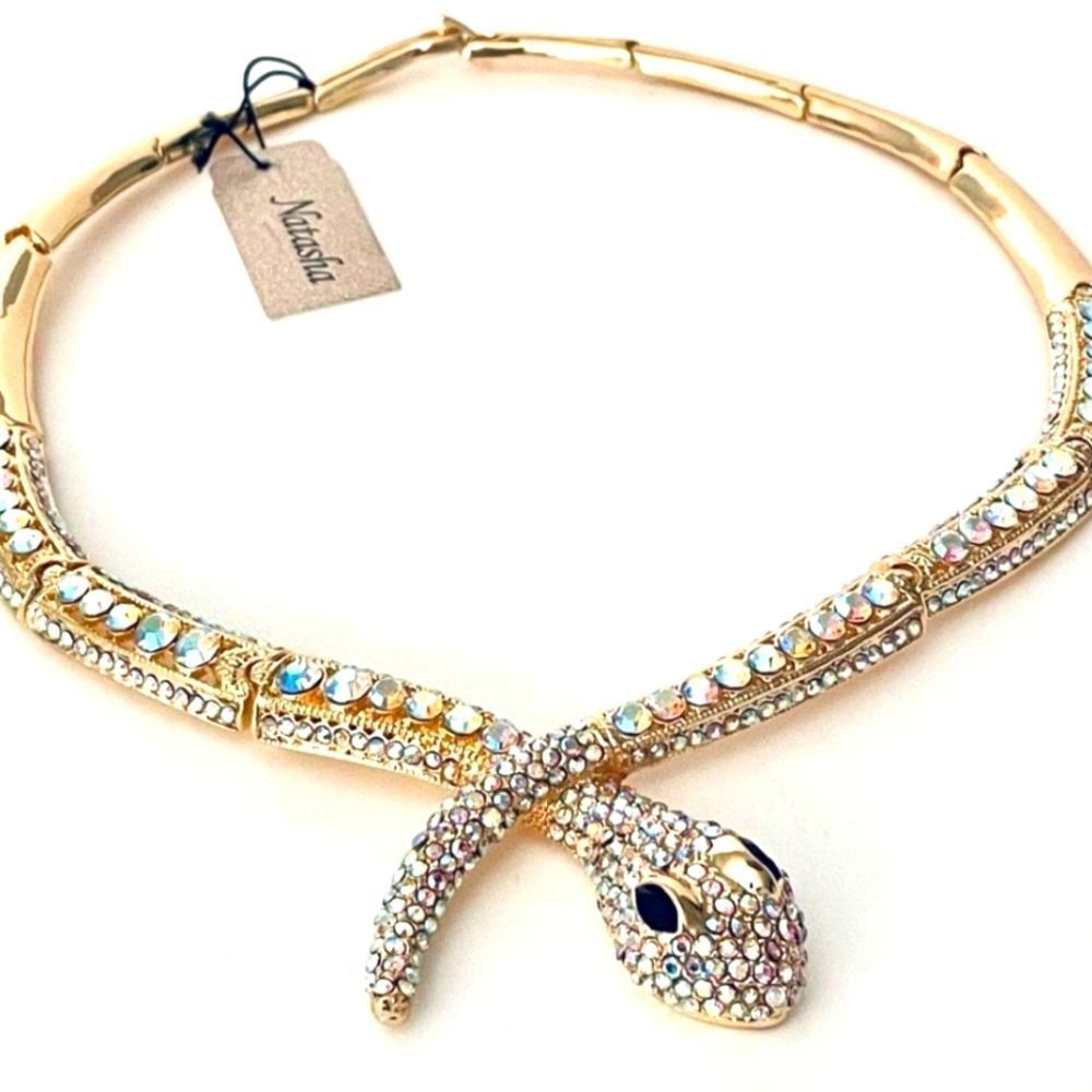 Natasha Couture Rhinestone Snake‎ Necklace- Gold